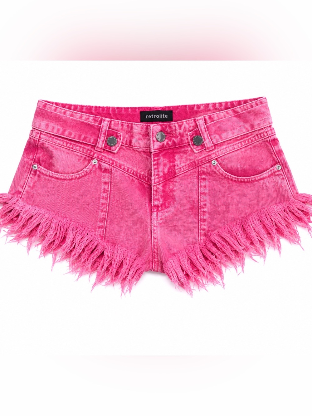 Retrofête Pink Acid Wash Fringe Denim Shorts 24